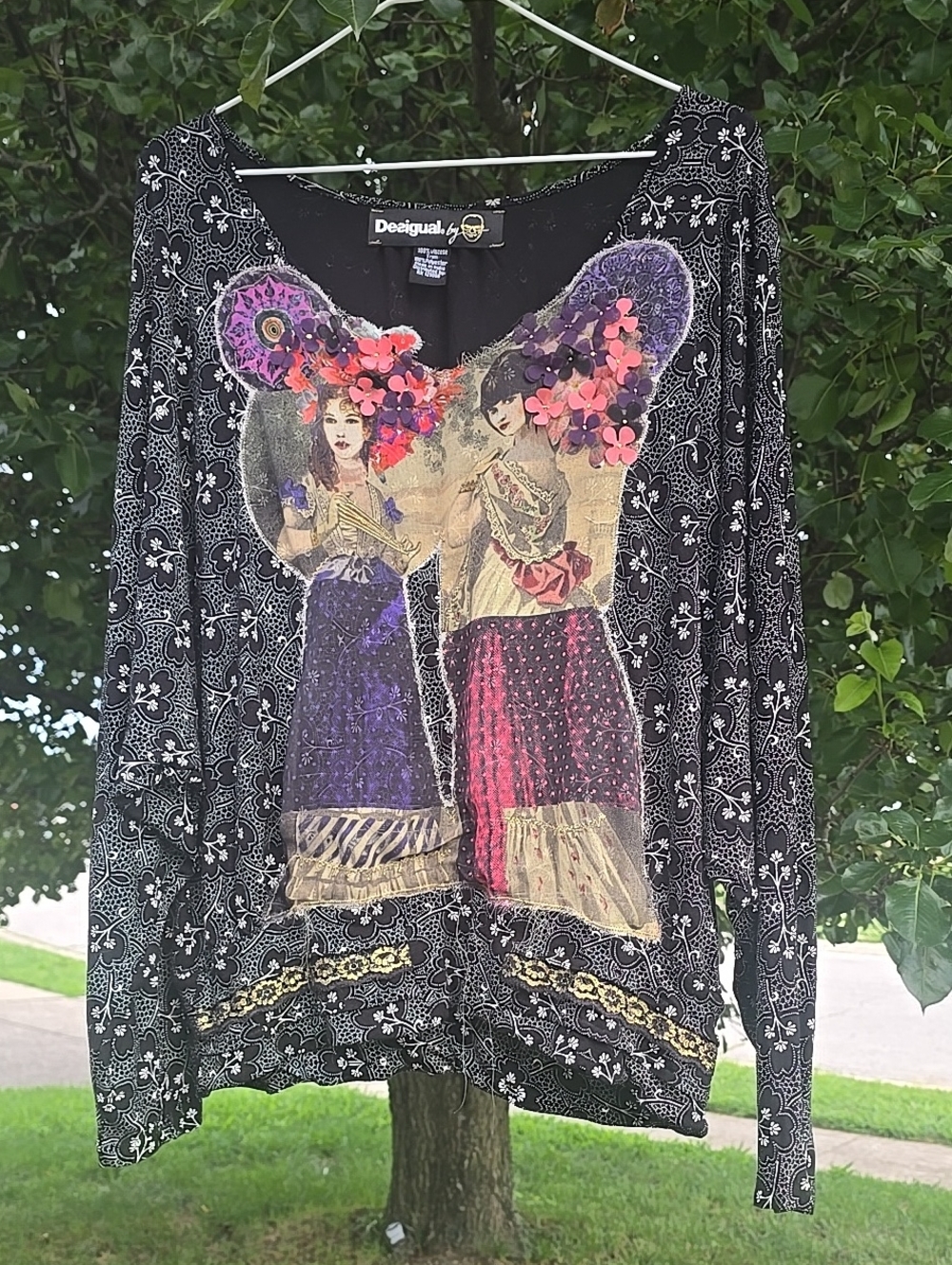 Desigual Black Top with Purple and Pink Accents